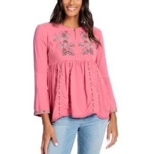 OSO Casuals Peplum Top Pink Embroidered Floral